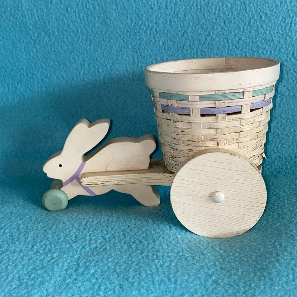 TELEFLORA bunny pulling basket cart wood vintage plant holder wheels roll